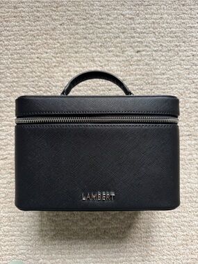 LAMBERT Black Structured Cosmetic Toiletry Case with Top Handle, Removable Strap